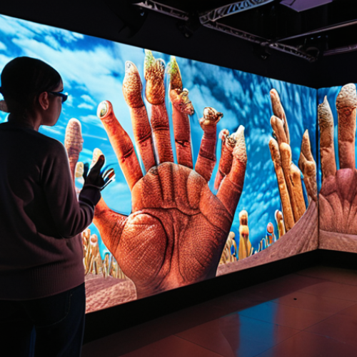 A vibrant media art installation featuring interactive projections and sensors, responding to audience movement and exploring themes of environmental pollution.