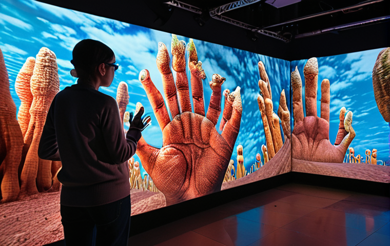 A vibrant media art installation featuring interactive projections and sensors, responding to audience movement and exploring themes of environmental pollution.