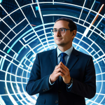A focused professional, fully clothed in a modest business suit, stands in a brightly lit, futuristic abstract space. Around them, holographic projections of various academic disciplines, including science, art, technology, and humanities, are subtly connected by glowing lines, forming a complex yet harmonious network of knowledge. One connection point in front of the subject glows intensely, symbolizing a "Eureka!" moment of profound interdisciplinary insight. The overall atmosphere is innovative, enlightening, and professional. The image features perfect anatomy, correct proportions, a natural pose, well-formed hands, proper finger count, and natural body proportions. This is safe for work, appropriate content, fully clothed, and professional photography, high quality.